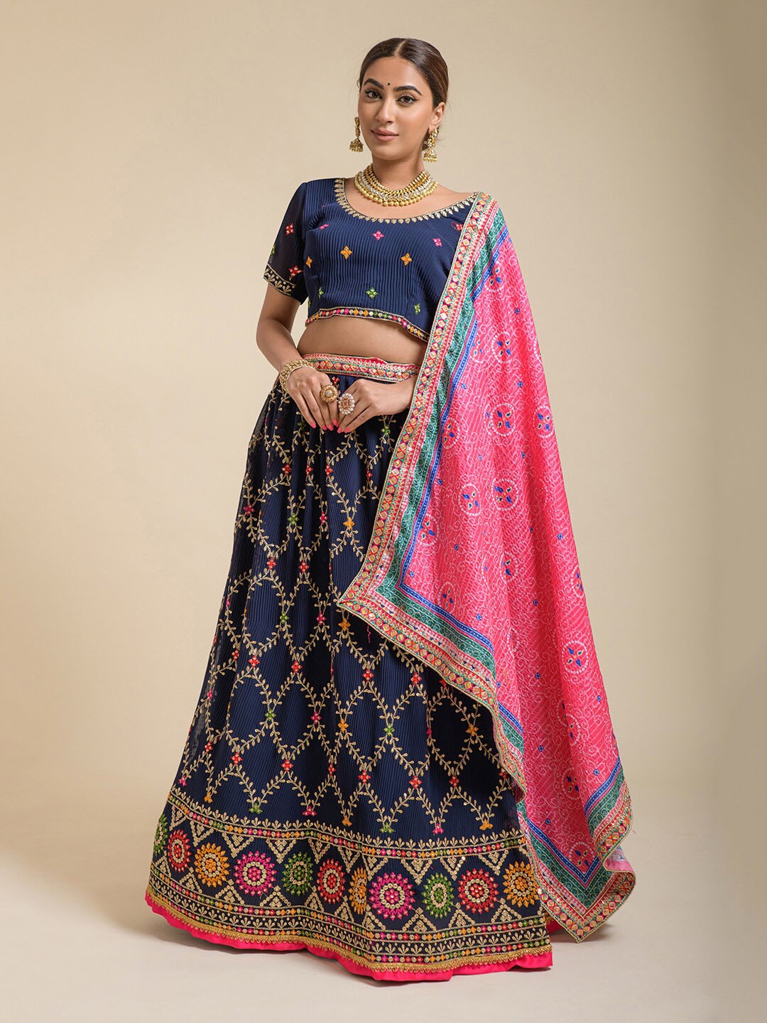 

Lilots Embroidered Thread Work Semi-Stitched Lehenga & Unstitched Blouse With Dupatta, Navy blue