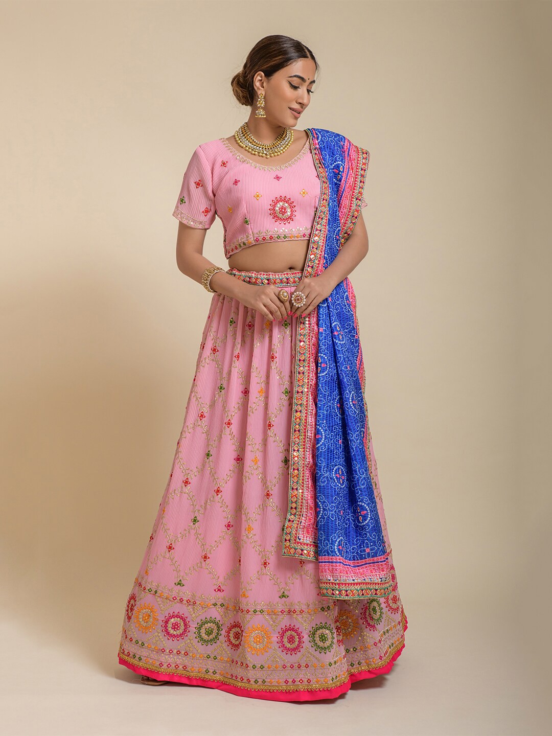 

Lilots Embroidered Thread Work Semi-Stitched Lehenga & Unstitched Blouse With Dupatta, Pink