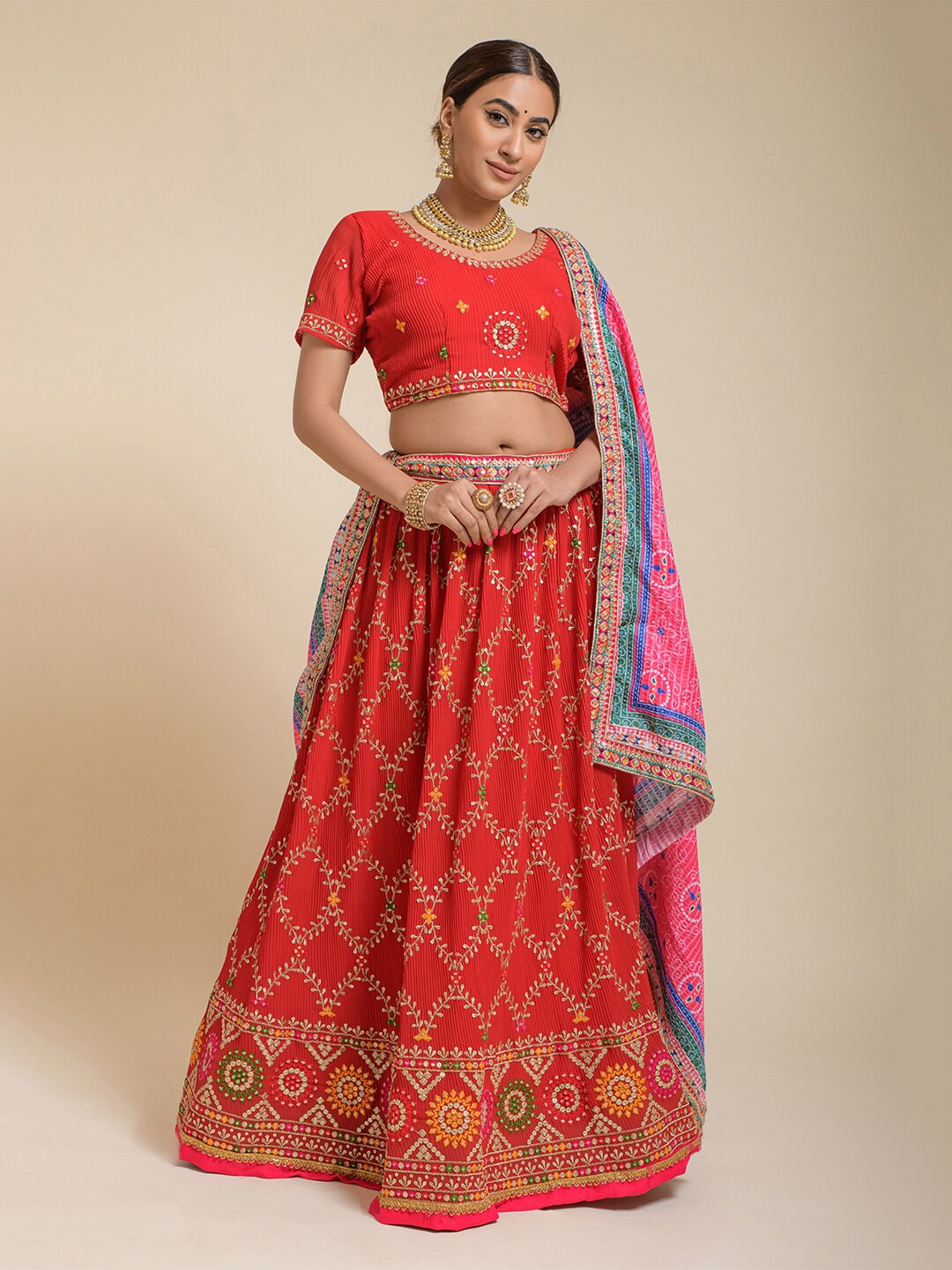 

Lilots Embroidered Thread Work Semi-Stitched Lehenga & Unstitched Blouse With Dupatta, Red