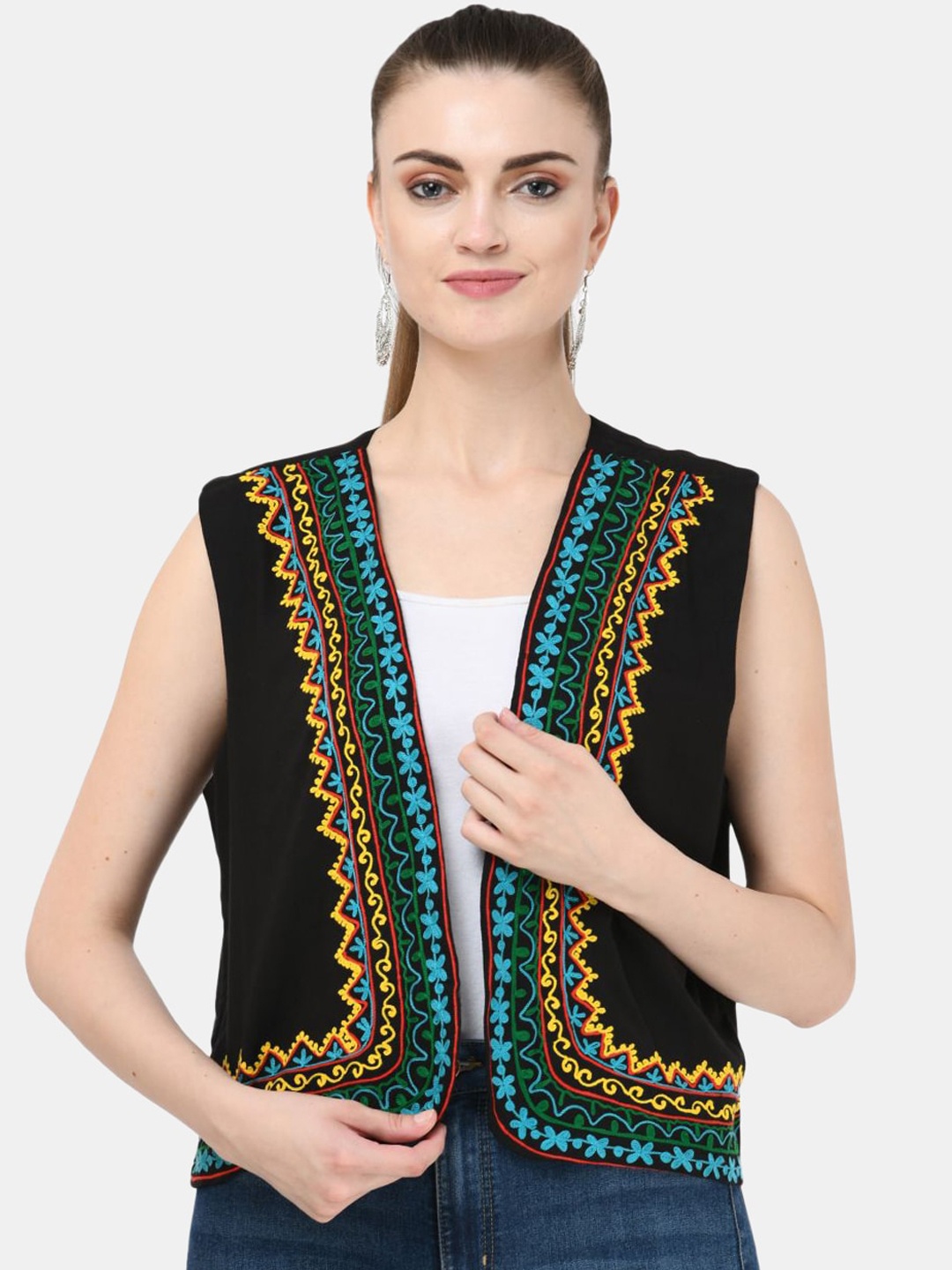

SAAKAA Collarless Crop Open Front Jacket with Embroidery, Black