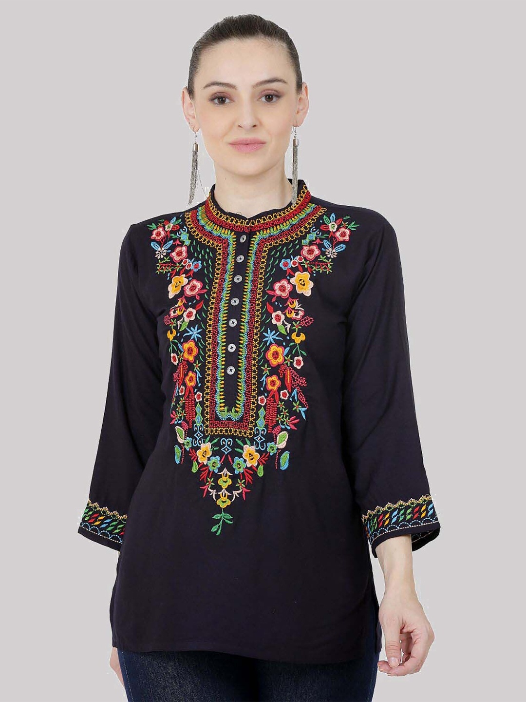

SAAKAA Black Floral Print Mandarin Collar Pure Cotton Top