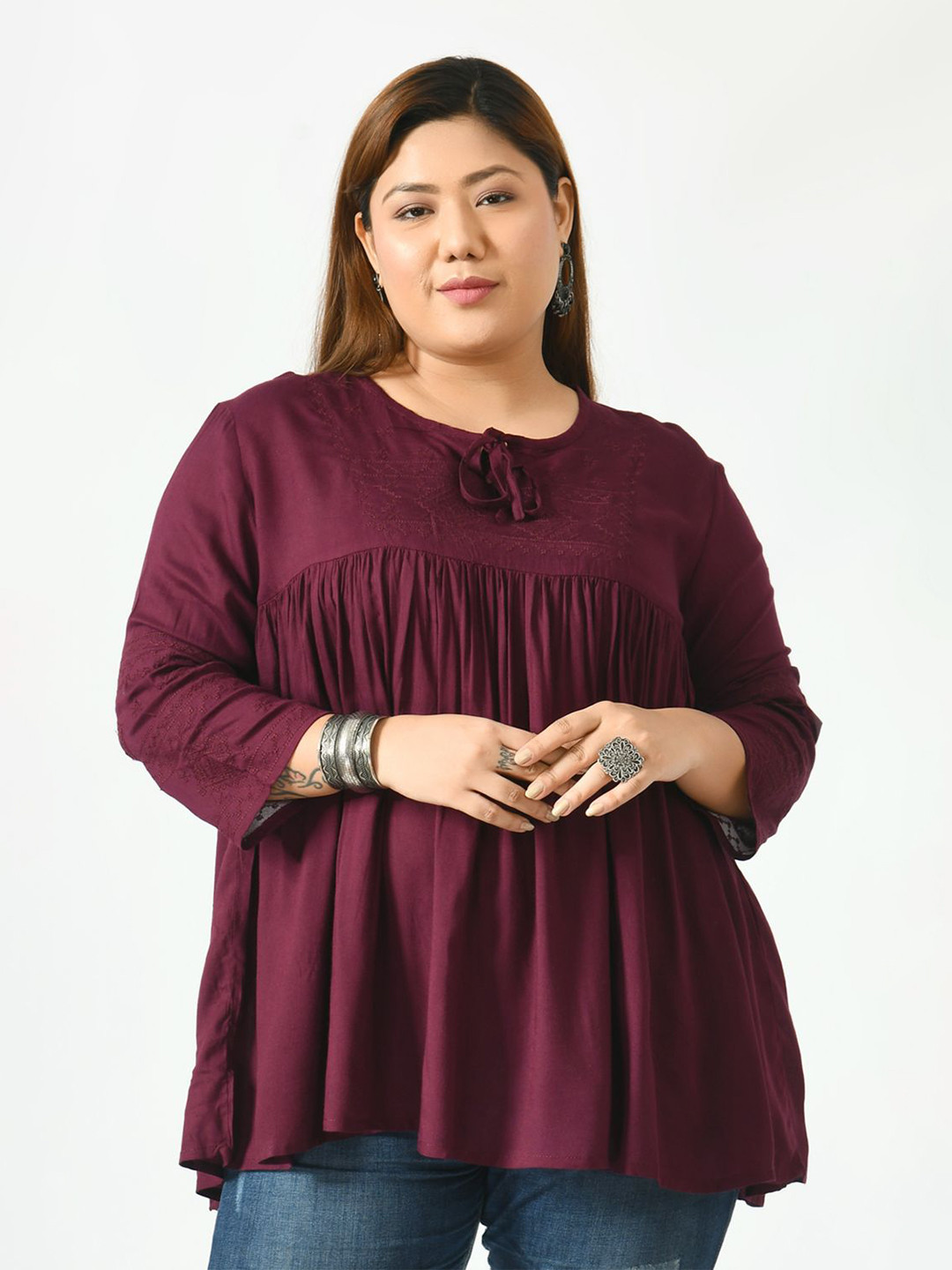 

SAAKAA Tie-Up Neck Pure Cotton Empire Top, Burgundy