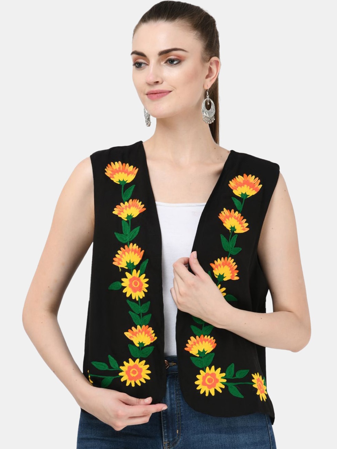 

SAAKAA Crop Open Front Jacket with Floral Embroidered, Black