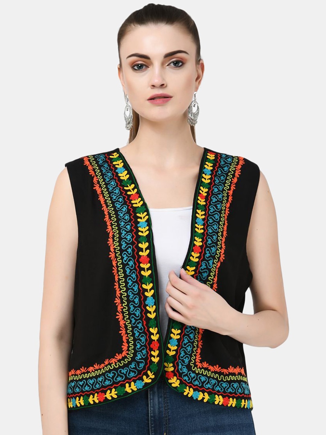 

SAAKAA Crop Open Front Jacket with Floral Embroidered, Black