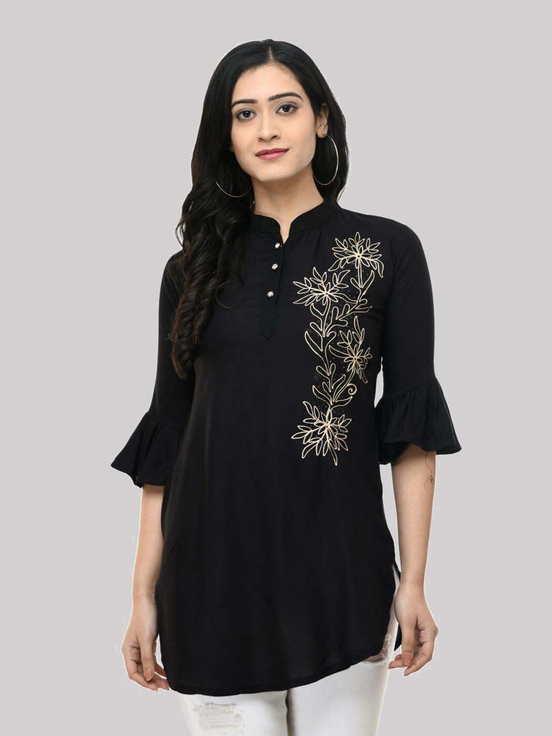 

SAAKAA Floral Embellished Mandarin Collar Shirt Style Top, Black