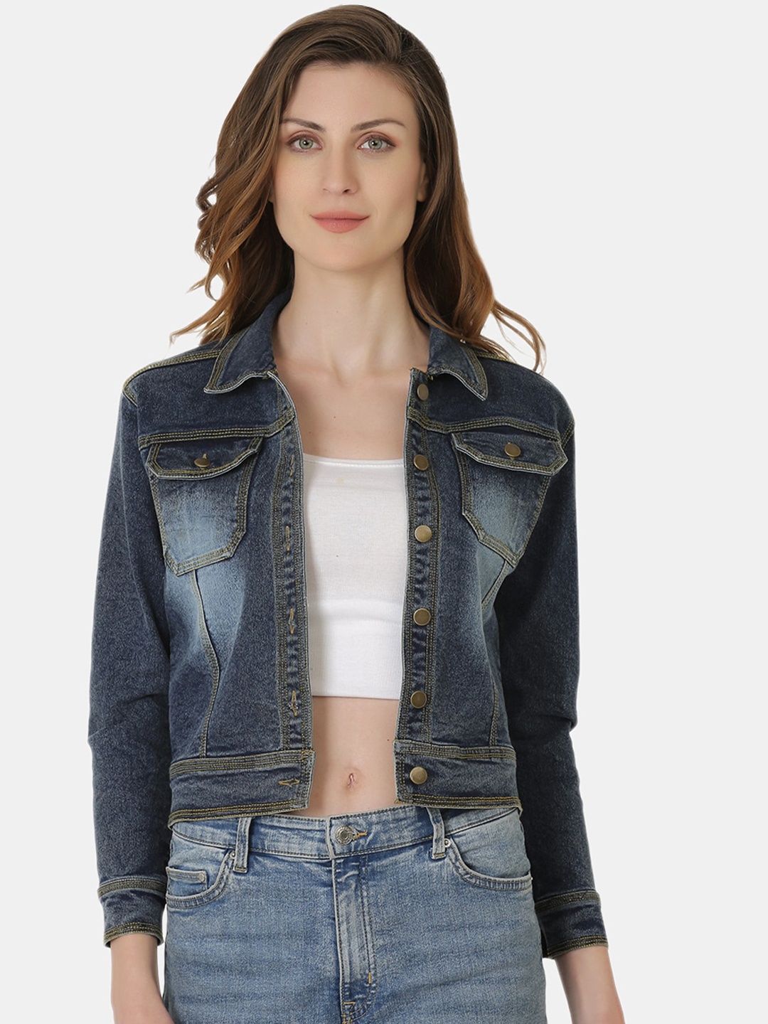 

SAAKAA Washed Crop Denim Jacket, Blue