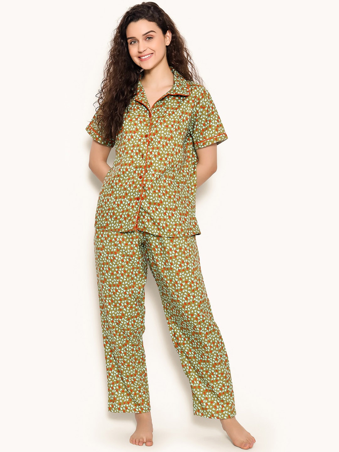 

Clovia Women Heart Print Button Down Viscose Rayon Night Suit, Green