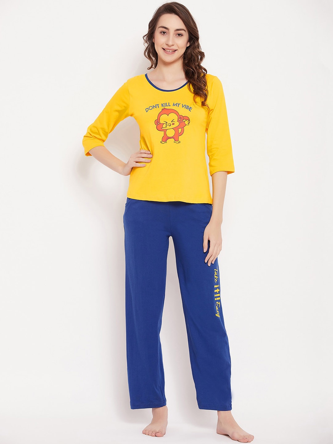 

Clovia Pure Cotton Print Me Pretty Top & Chic Basic Pyjama, Yellow