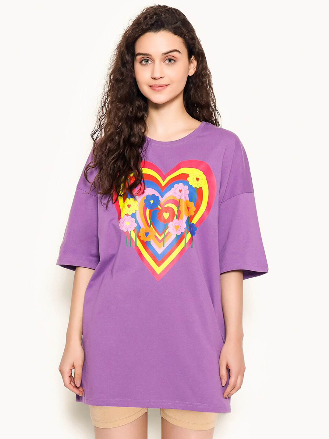 

Clovia Graphic Printed Pure Cotton Oversized Lounge T-shirt, Violet