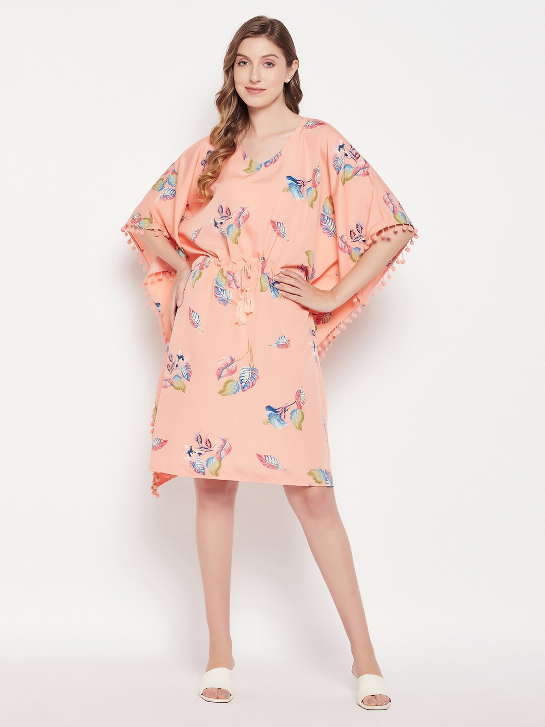 Clovia Leaf Printed Kaftan Nightdress, Peach