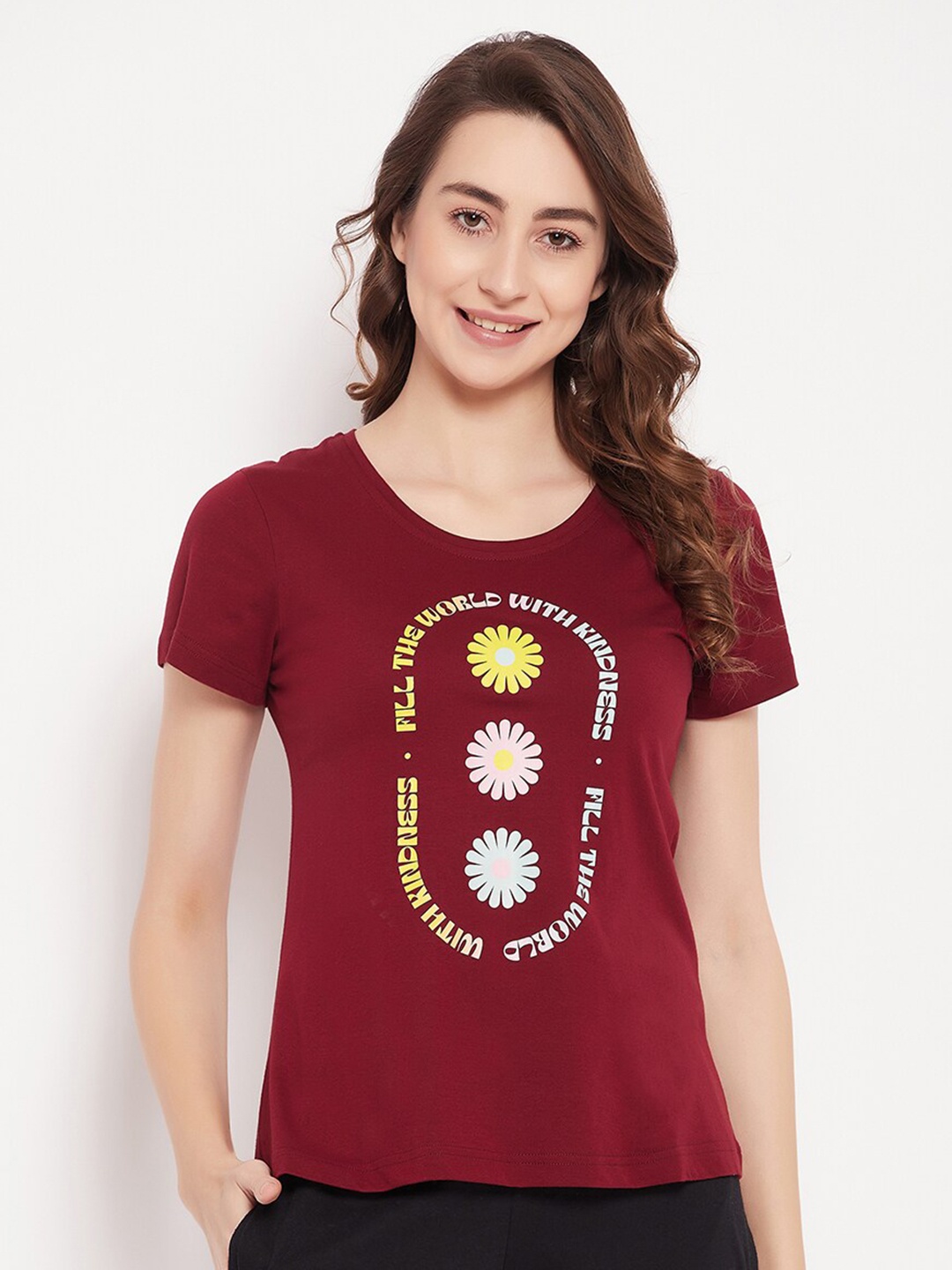 

Clovia Graphic & Text Print Pure Cotton Lounge T-shirt, Maroon