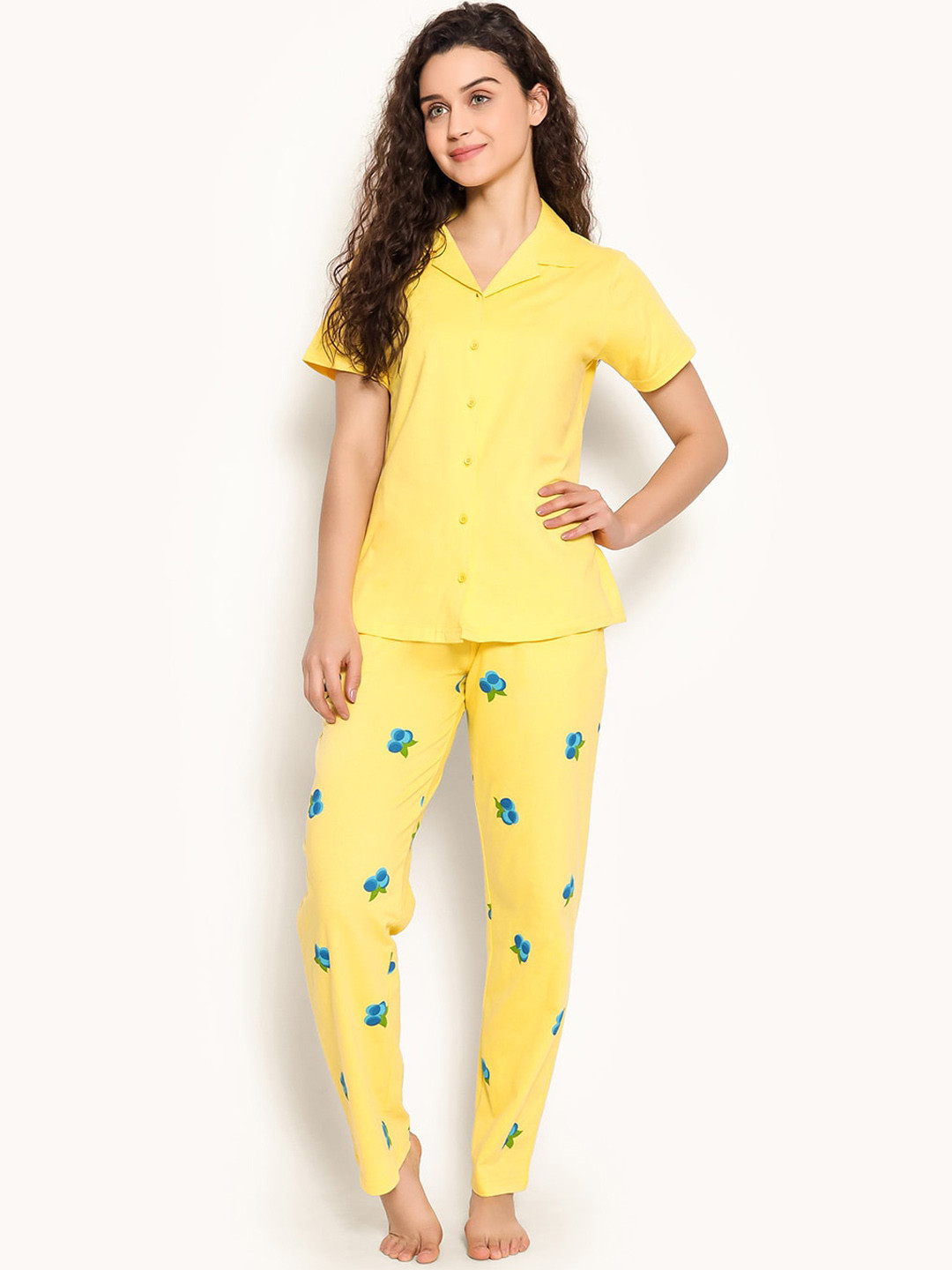 

Clovia Tutty Fruity Pure Cotton Button Down Shirt & Pyjama Set, Yellow