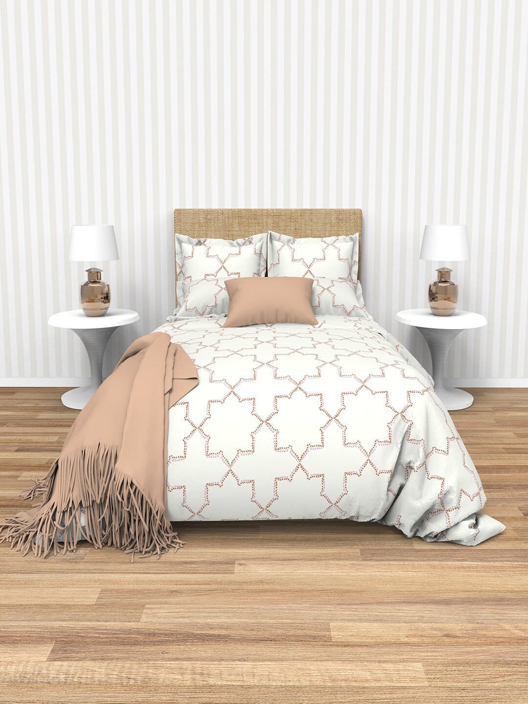 

THE WHITE MOSS Tiffany Cream & Brown Geometric 220 TC Flat King Bedsheet & Pillow Covers