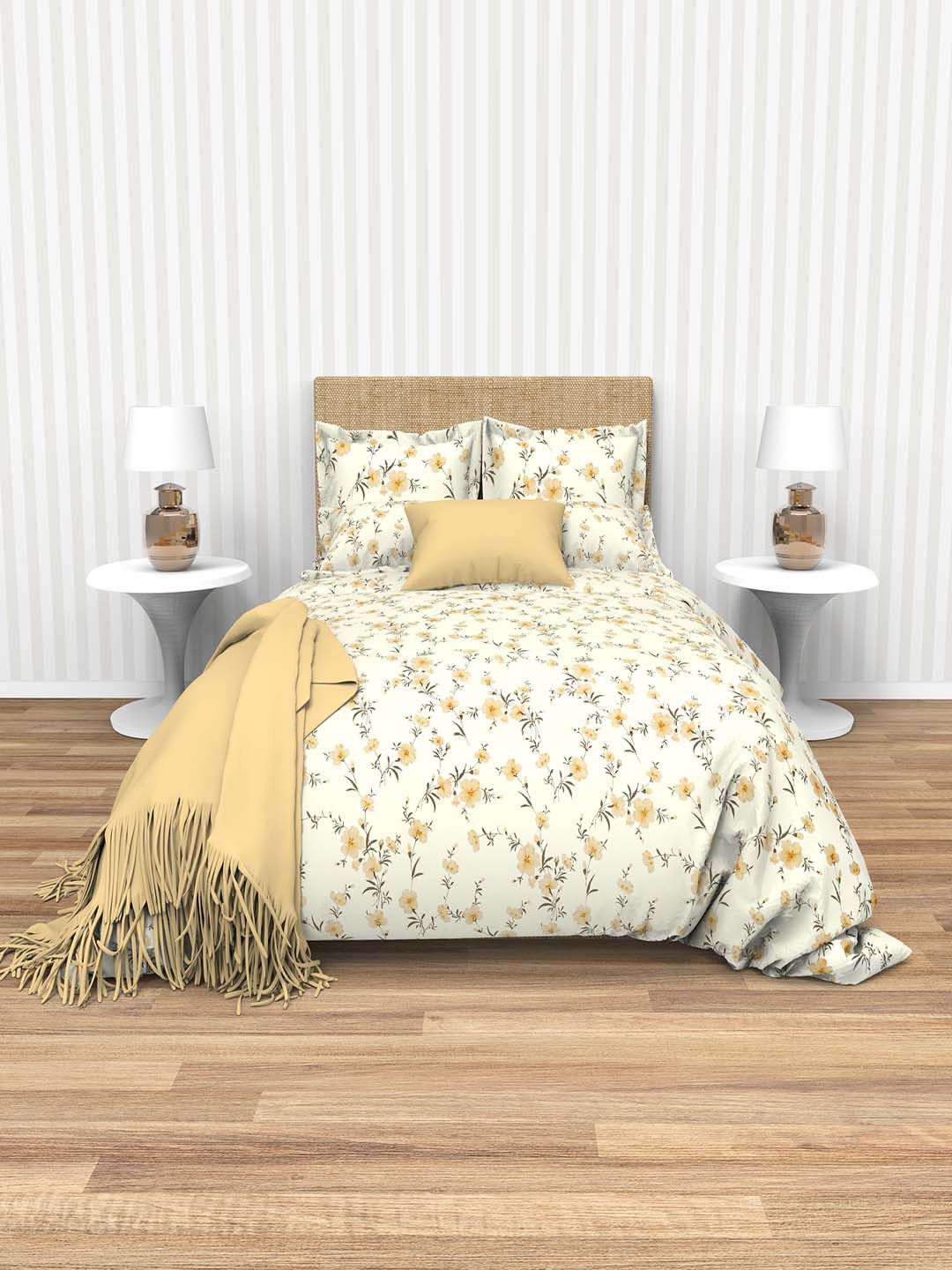 

THE WHITE MOSS Tiffany Cream & Orange Floral 220 TC Flat King Bedsheet & Pillow Covers