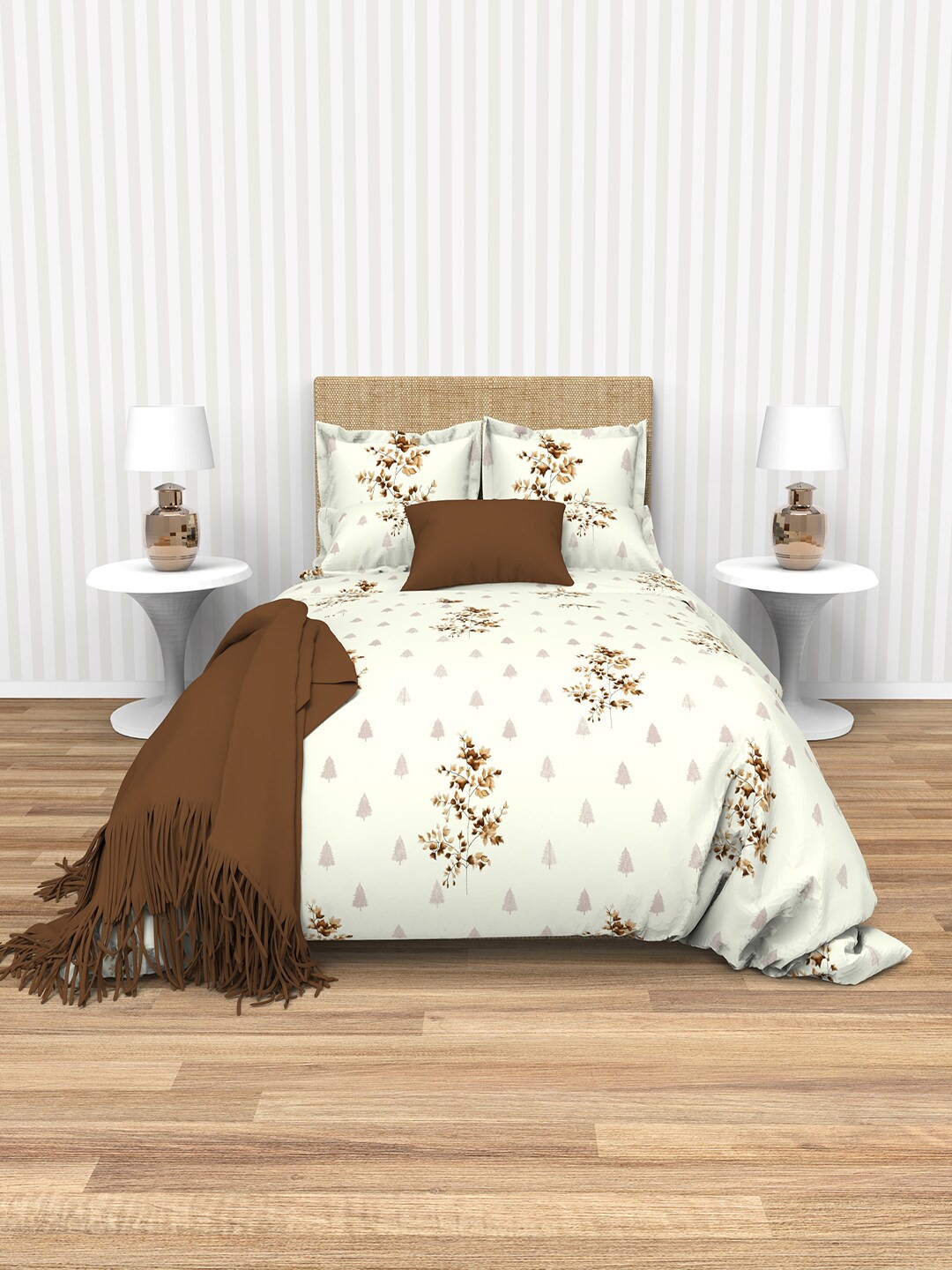 

THE WHITE MOSS Tiffany Cream & Brown 220 TC Cotton Flat King Bedsheet & 2 Pillow Covers