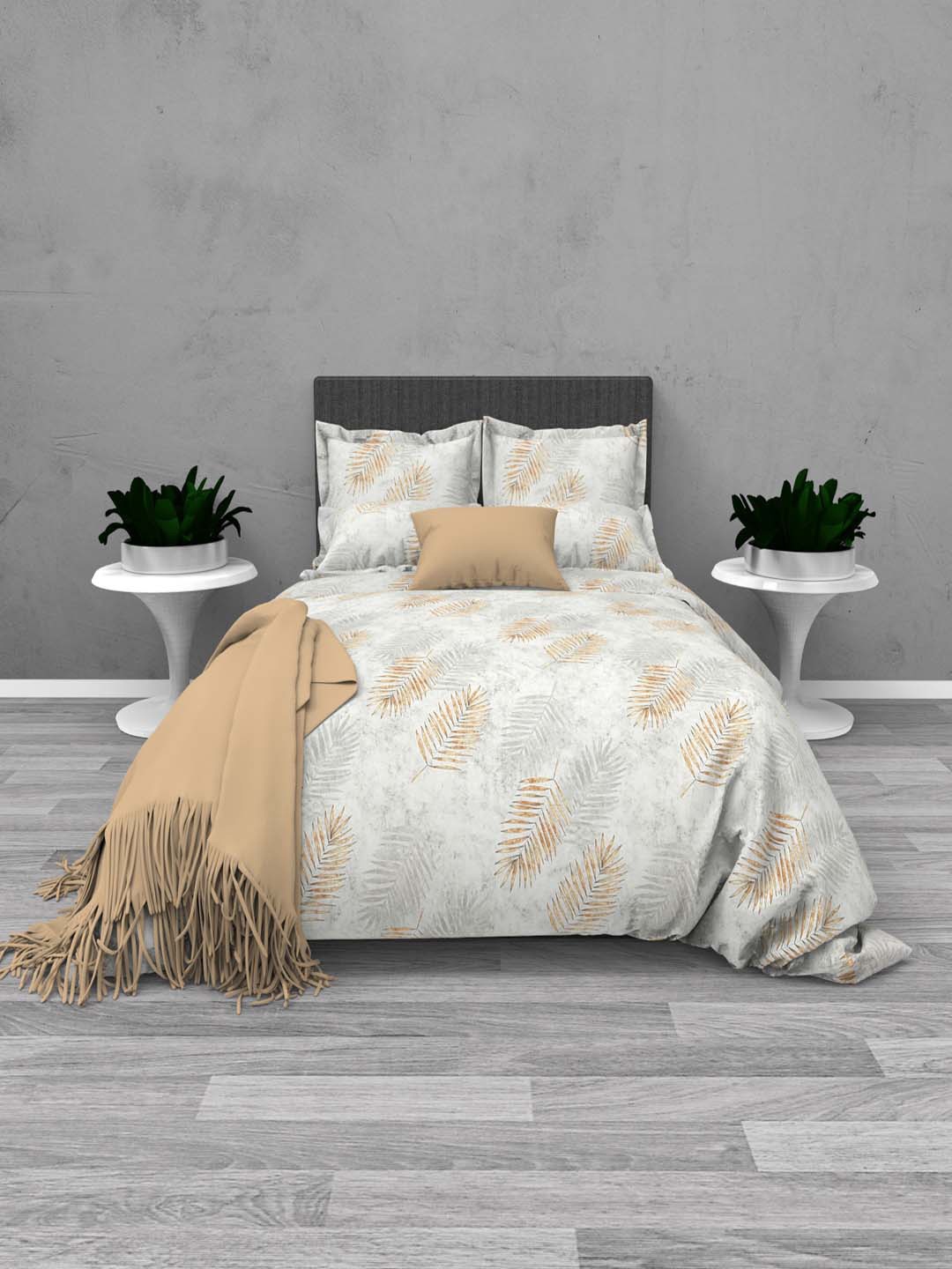 

THE WHITE MOSS Tiffany Cream & Grey Floral 220 TC Flat King Bedsheet & Pillow Covers