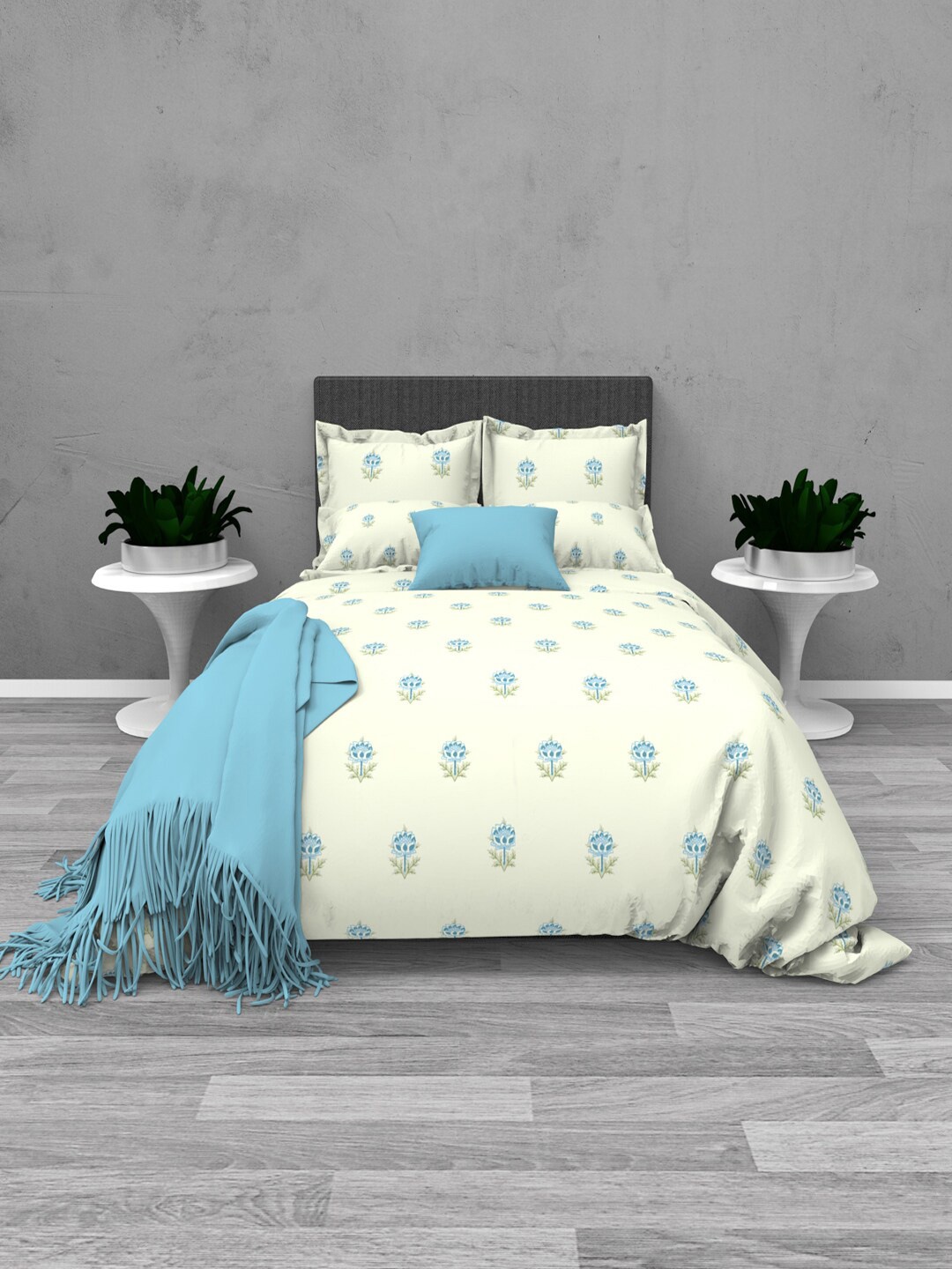 

THE WHITE MOSS Tiffany Cream & Blue Geometric 220 TC Flat King Bedsheet & Pillow Covers