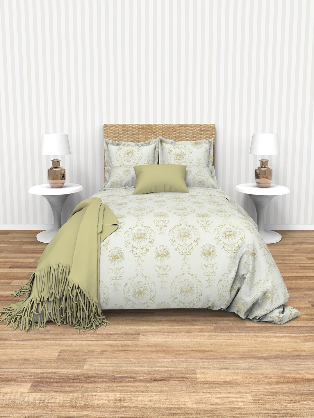 

THE WHITE MOSS Tiffany Green Ethnic Motifs 220 TC Flat King Bedsheet & 2 Pillow Covers
