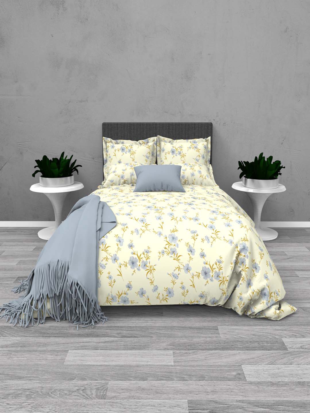 

THE WHITE MOSS Tiffany Yellow & Grey 220 TC Cotton Flat King Bedsheet & 2 Pillow Covers