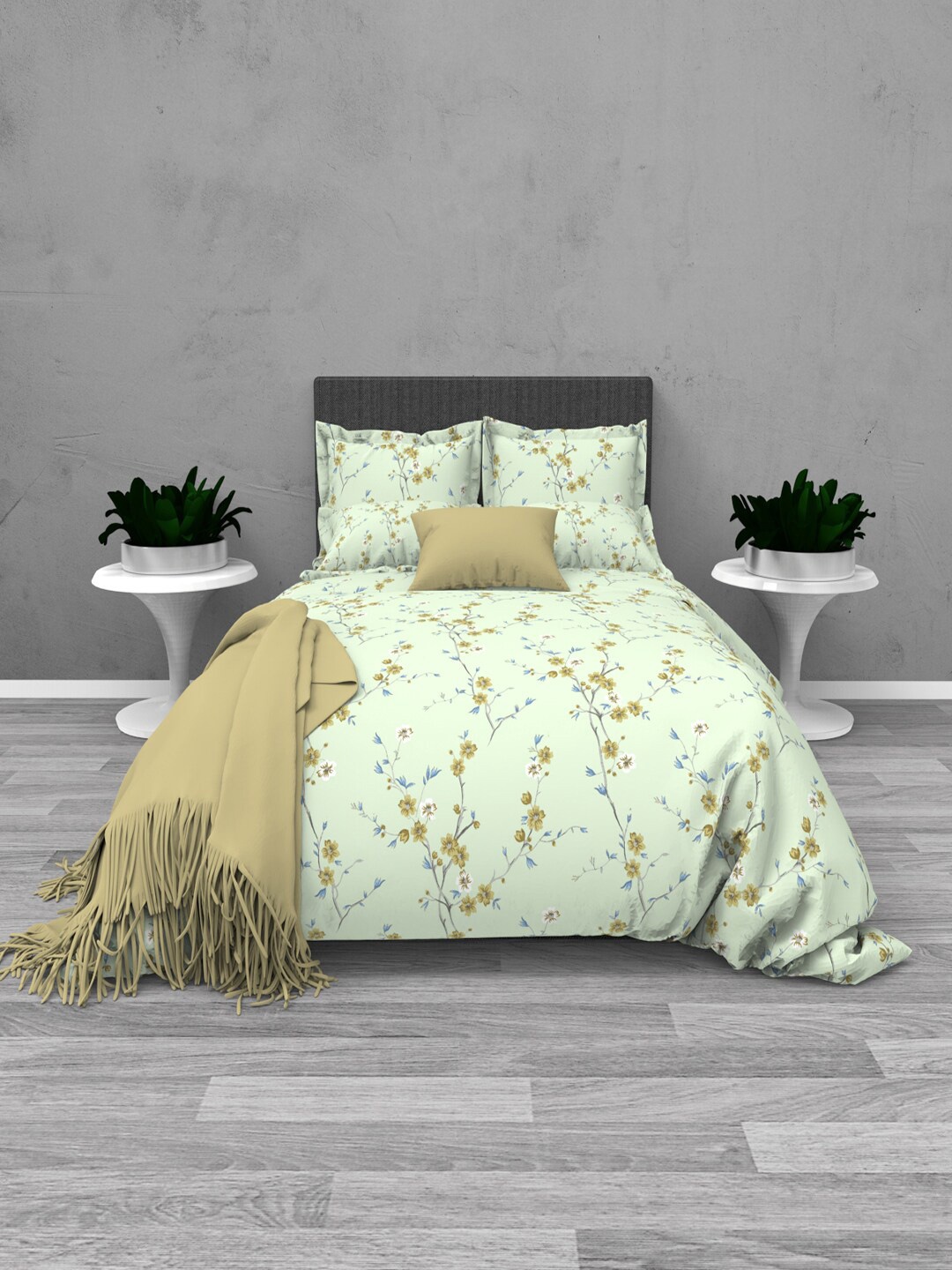 

THE WHITE MOSS Tiffany Green & Brown Floral 220 TC Flat King Bedsheet & 2 Pillow Covers