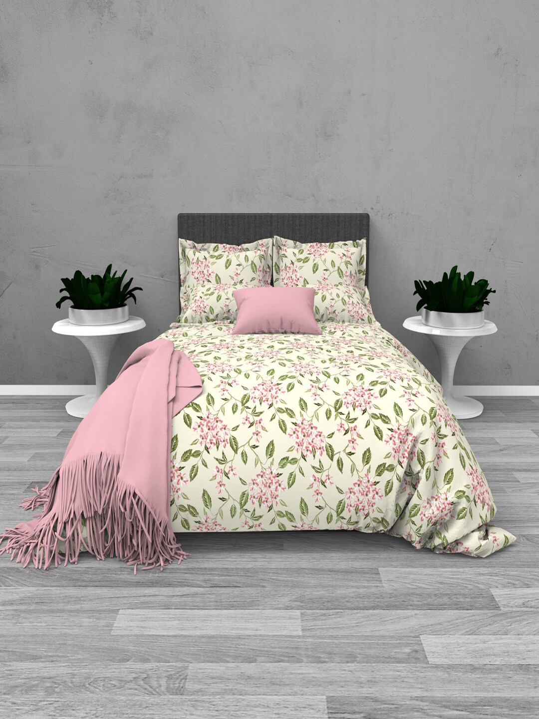 

THE WHITE MOSS Tiffany Cream & Pink 220 TC Cotton Flat King Bedsheet & 2 Pillow Covers