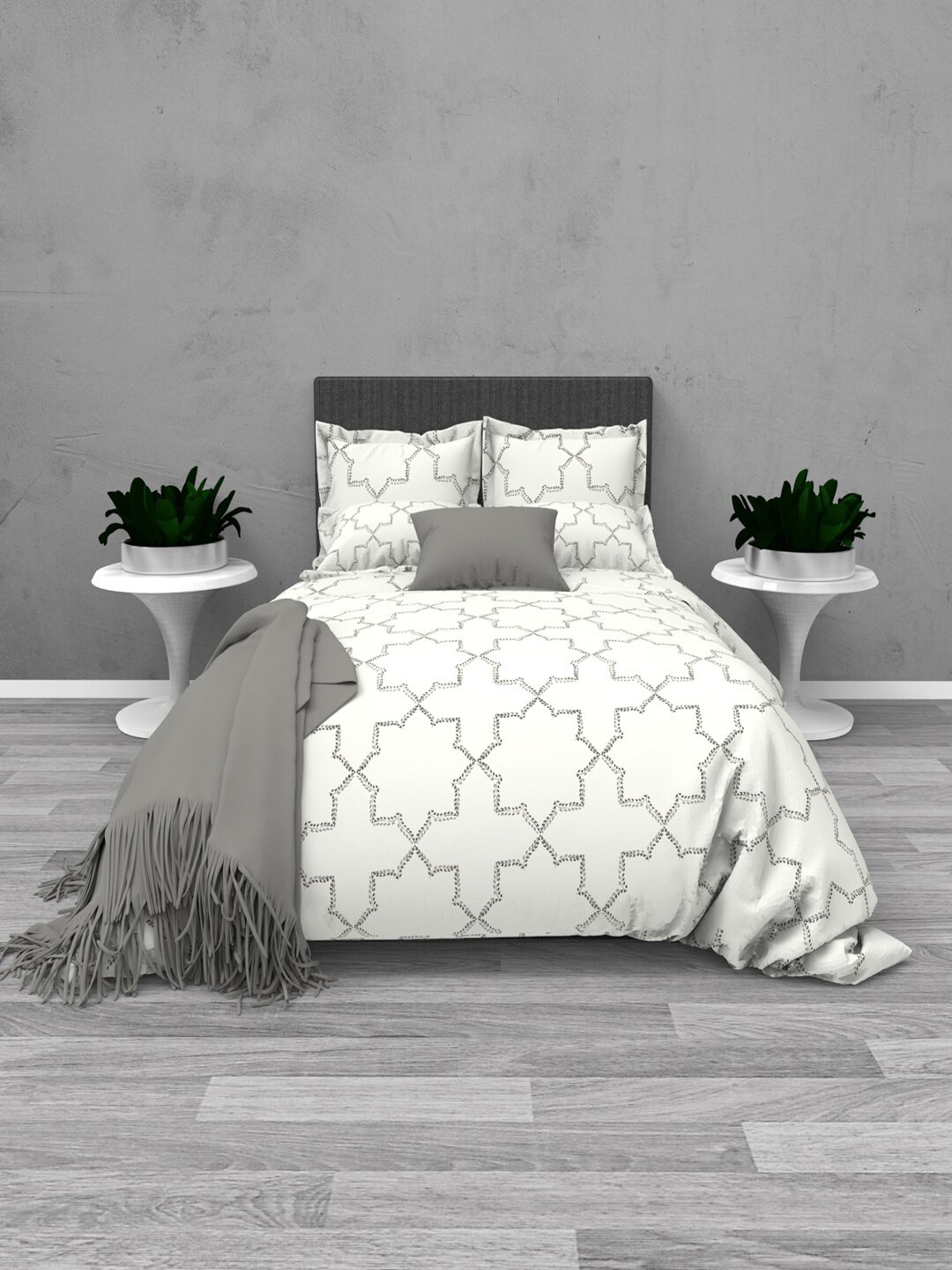 

THE WHITE MOSS Tiffany White & Grey Floral 220 TC Flat King Bedsheet & 2 Pillow Covers