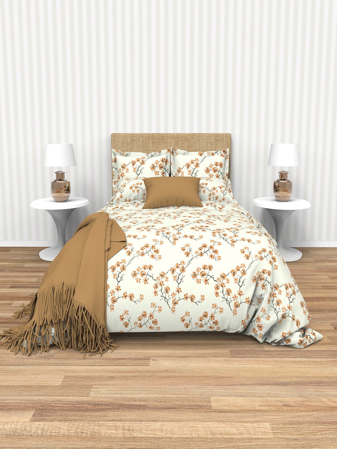 

THE WHITE MOSS Tiffany Cream & Brown Floral 220 TC King Bedsheet & Pillow Covers