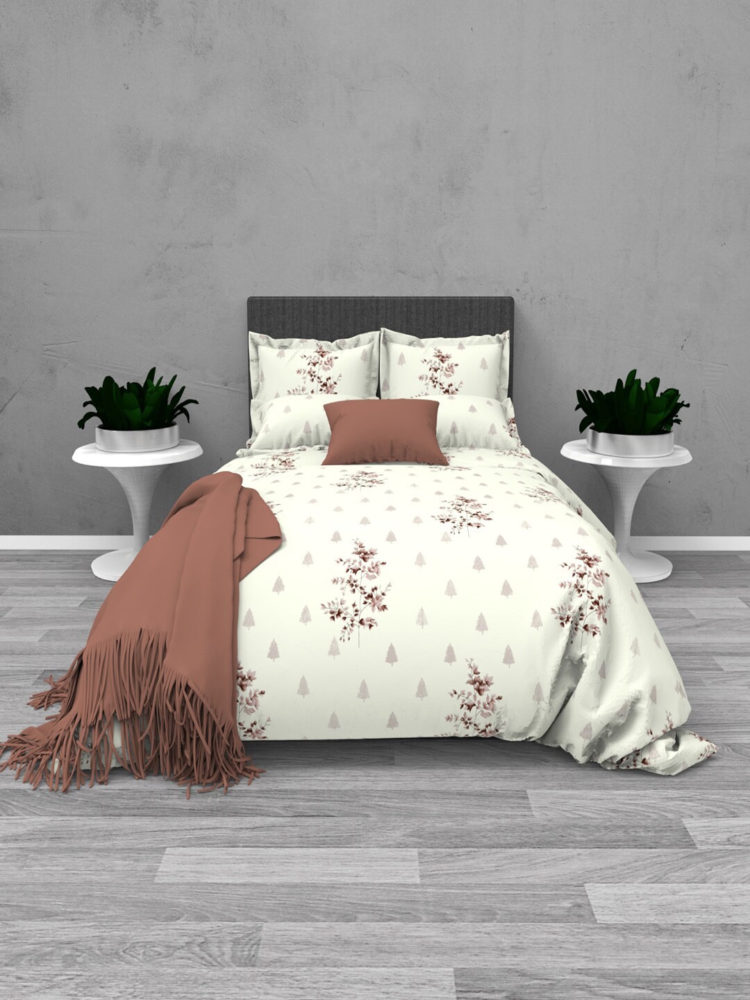 

THE WHITE MOSS Tiffany Cream & Maroon Floral 220 TC Flat King Bedsheet & Pillow Covers