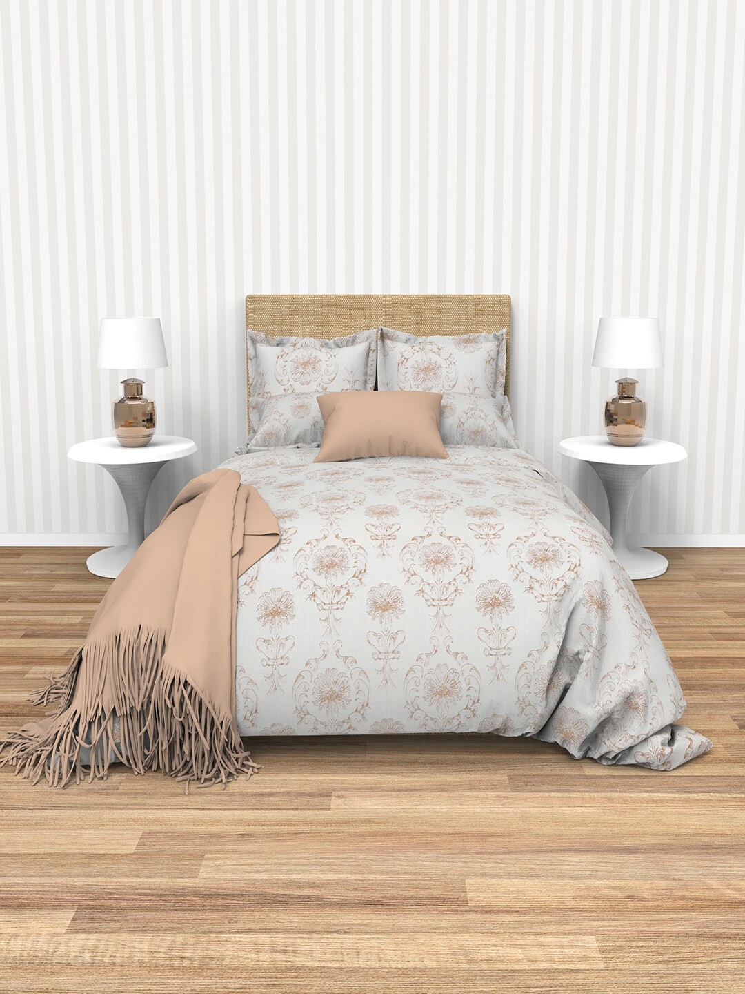 

THE WHITE MOSS Tiffany Grey & Brown Ethnic Motifs 220TC Flat King Bedsheet & Pillow Covers