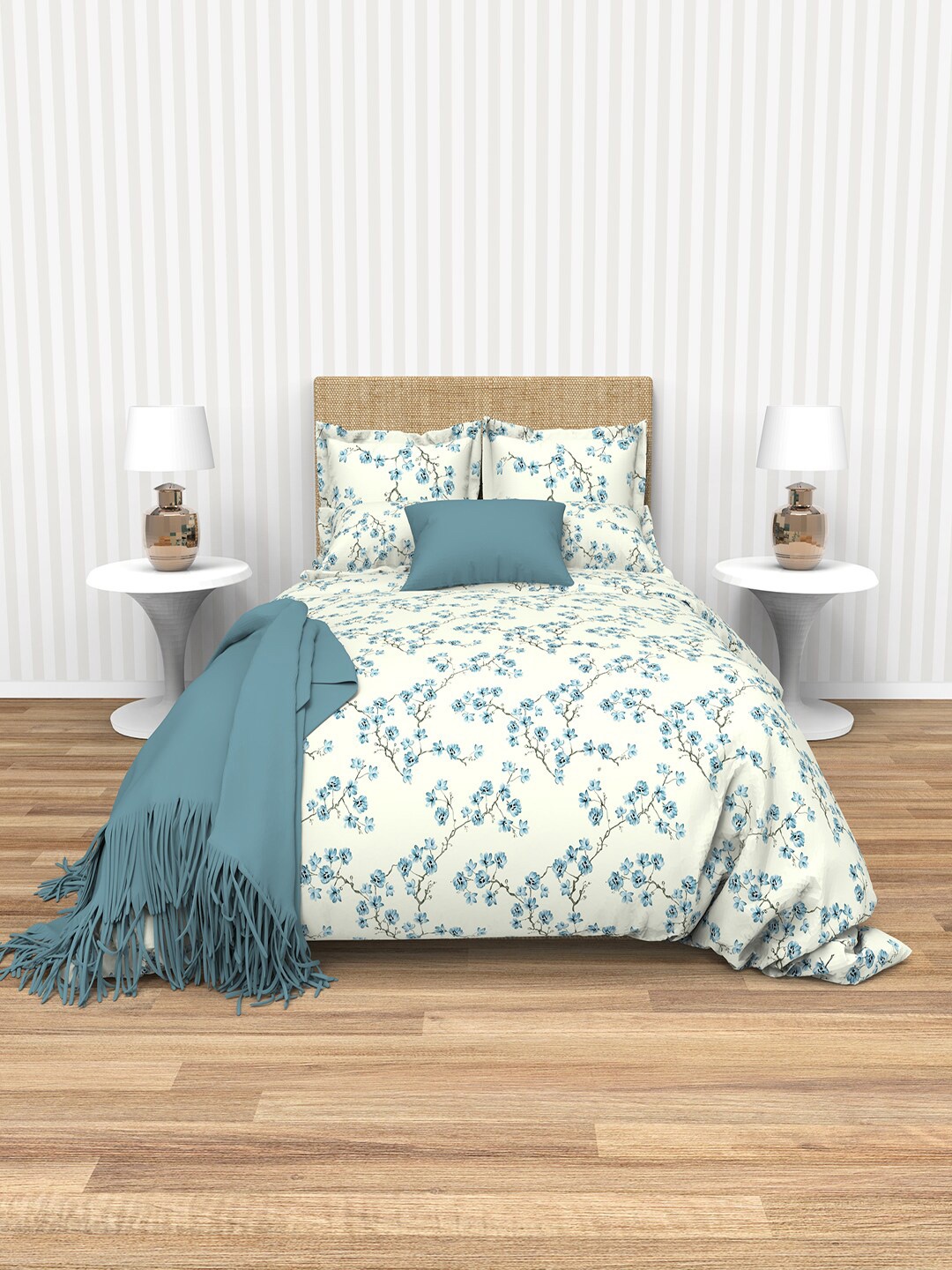

THE WHITE MOSS Tiffany Cream & Blue Floral 220 TC Flat King Bedsheet with 2 Pillow Covers
