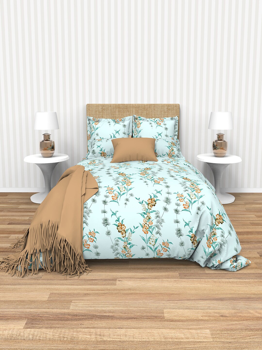 

THE WHITE MOSS Tiffany Blue & Brown 220 TC Cotton Flat King Bedsheet With 2 Pillow Covers