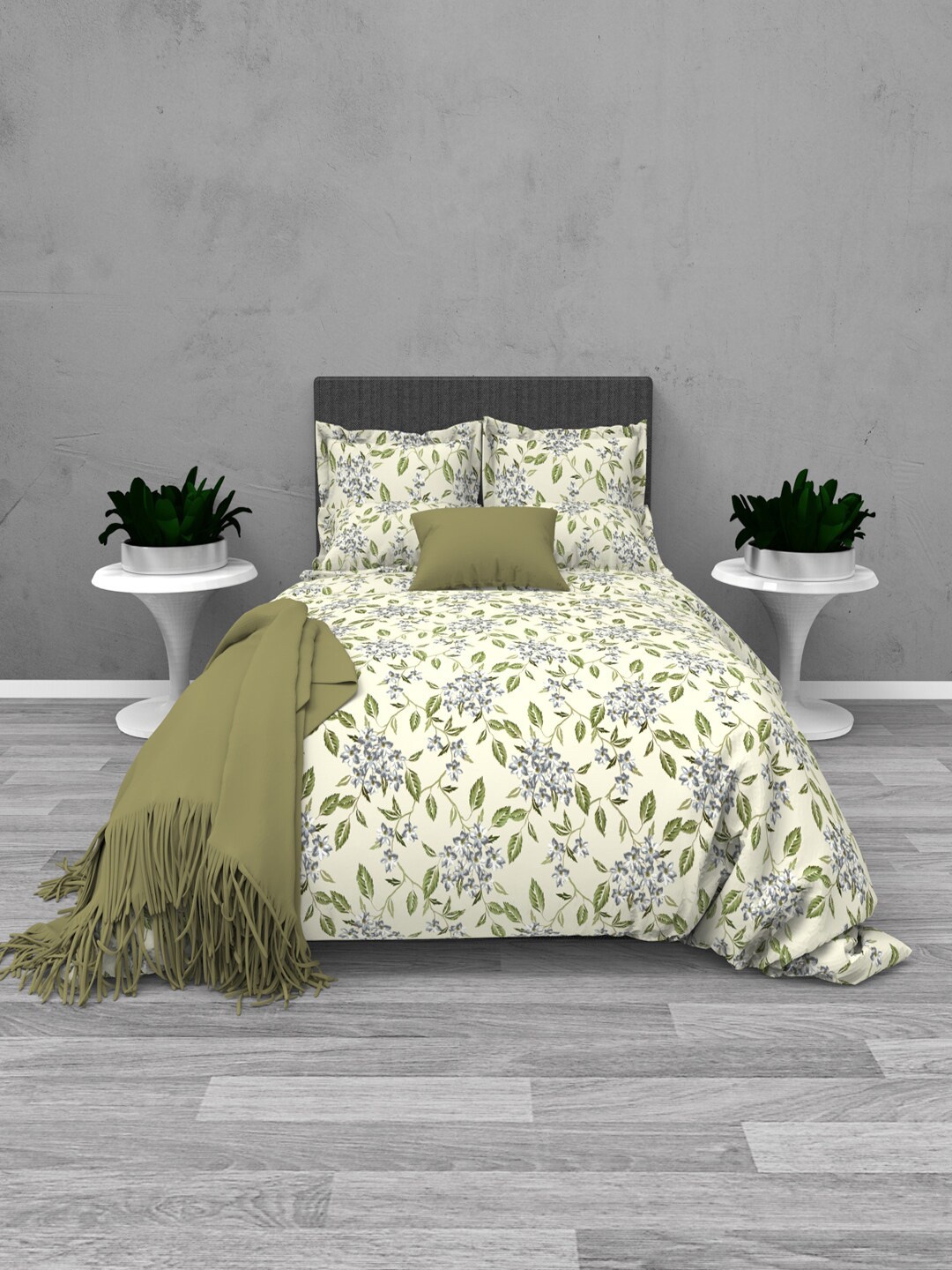 

THE WHITE MOSS Tiffany Cream & Green Floral 220 TC Flat King Bedsheet & 2 Pillow Covers