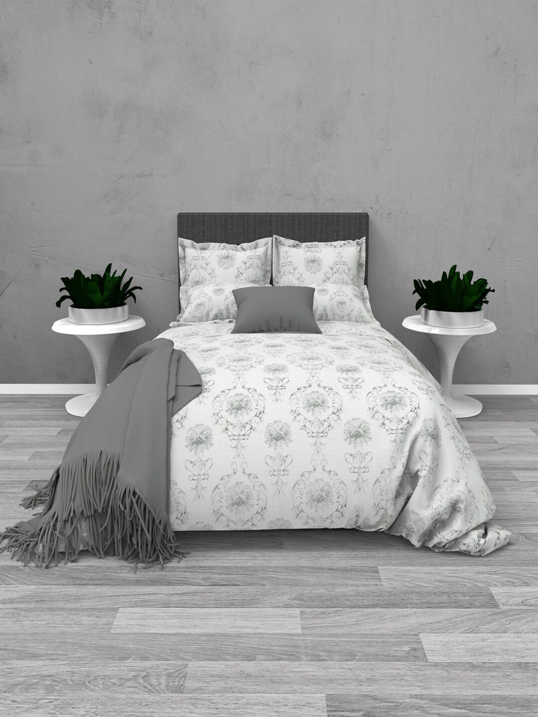 

THE WHITE MOSS Tiffany White & Grey Ethnic Motifs 220TC Flat King Bedsheet & Pillow Covers