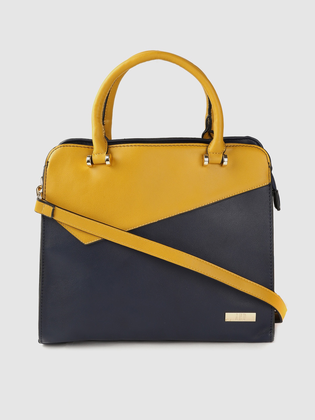 

AND Navy Blue & Mustard Yellow Colourblocked Structured Handheld Bag with Detachable Strap