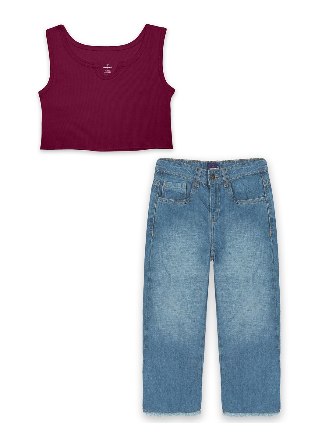 

KiddoPanti Girls Rib Crop Tank Top & Flared Jeans Pant Set, Maroon