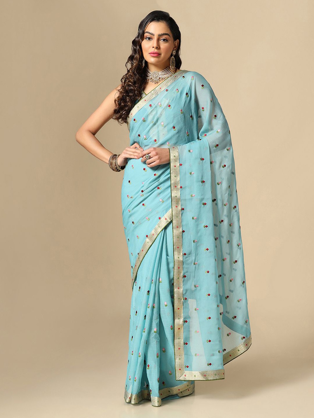 

Satrani Floral Embroidered Saree, Turquoise blue