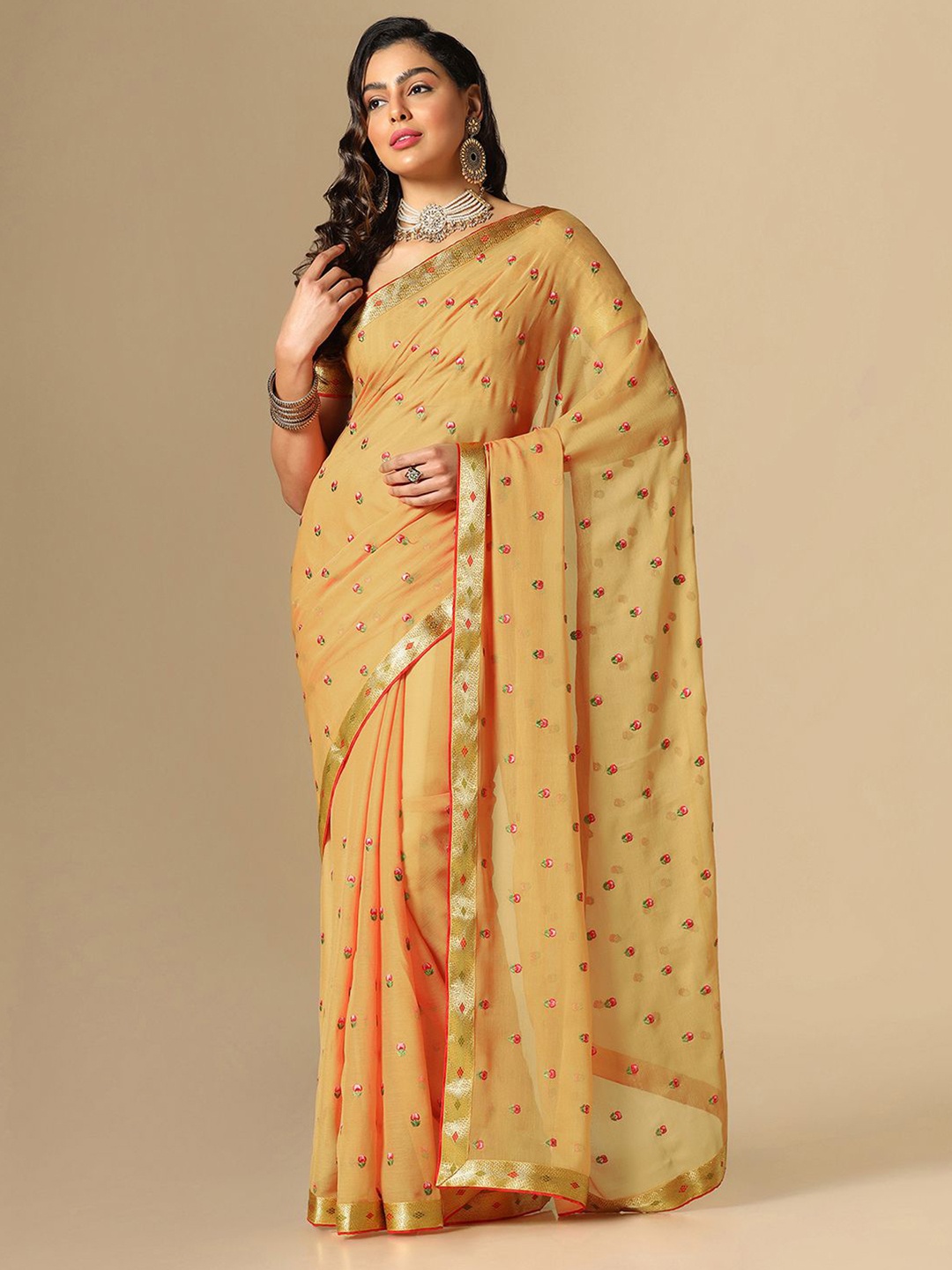 

Satrani Floral Embroidered Saree, Yellow