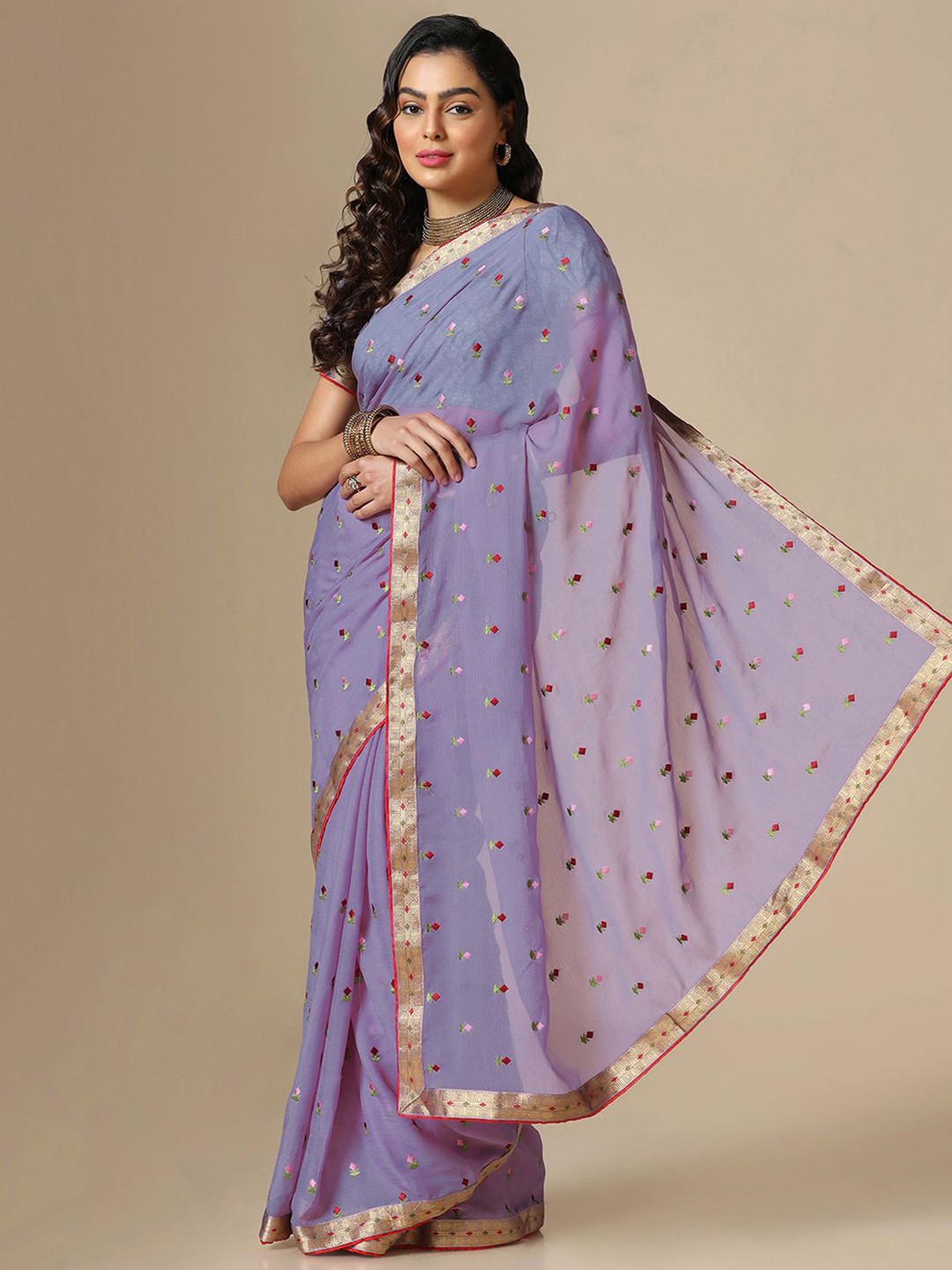 

Satrani Purple & Red Floral Embroidered Saree