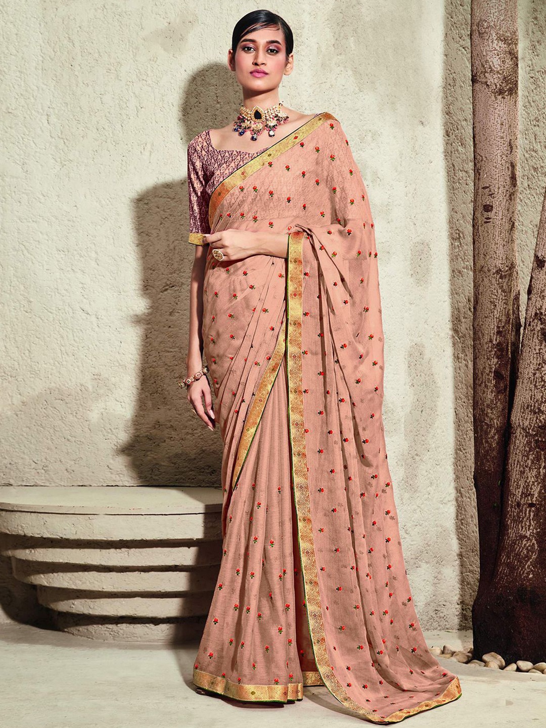 

Satrani Peach-Coloured & Red Floral Embroidered Saree