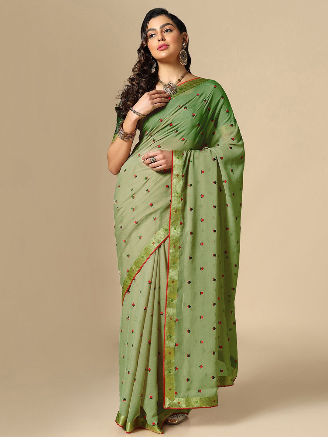 

Satrani Floral Embroidered Saree, Green