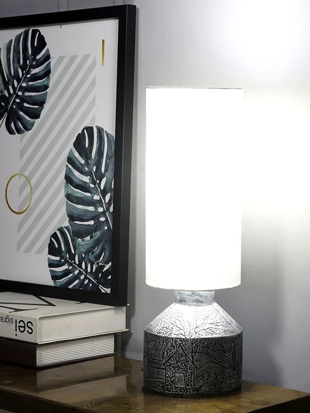 

THE ARTMENT Impressionist Silver-Toned & Charcoal Grey Textured Table Lamp With Shade