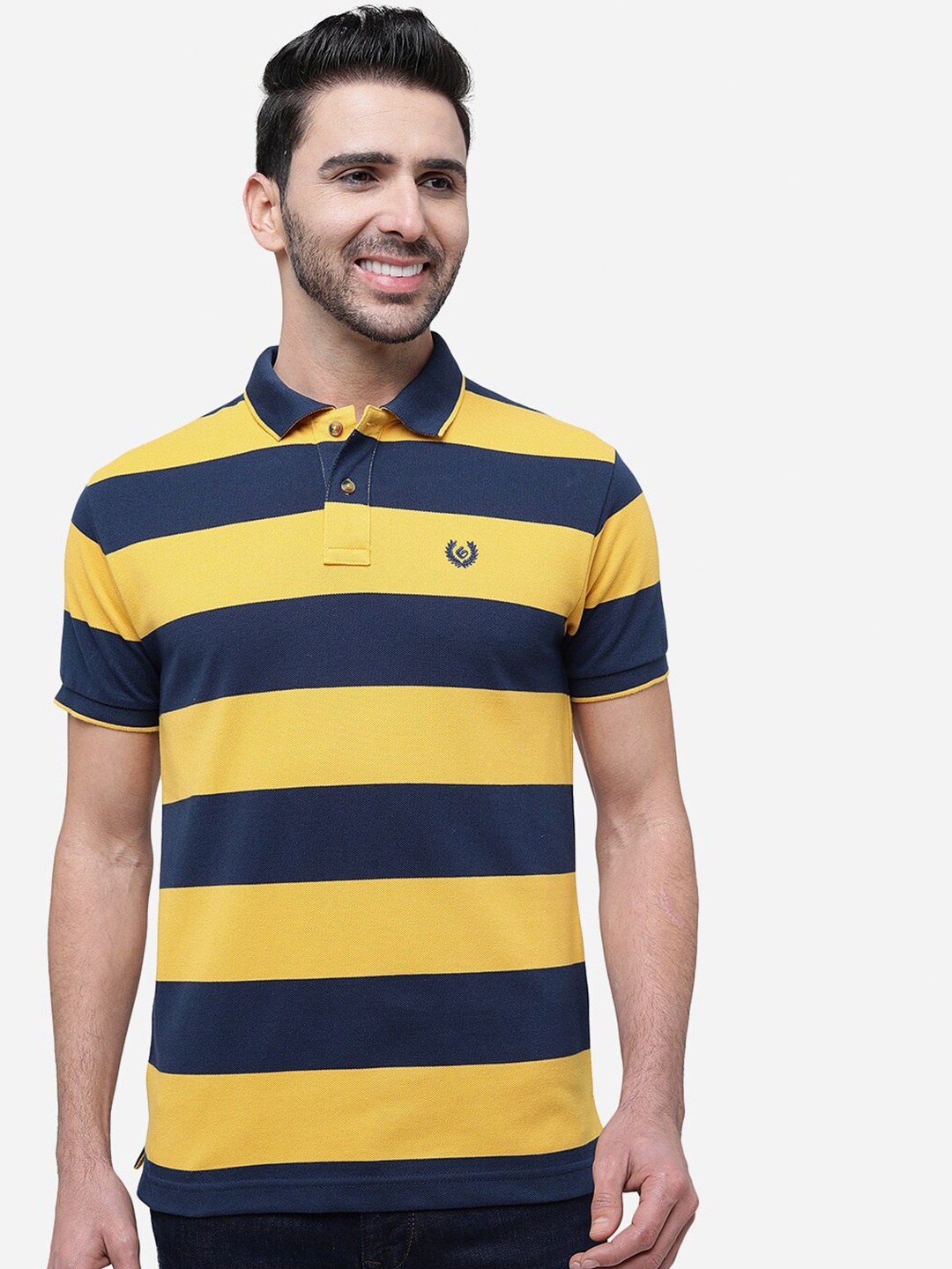 

Greenfibre Men Striped Polo Collar Slim Fit Cotton T-shirt, Yellow