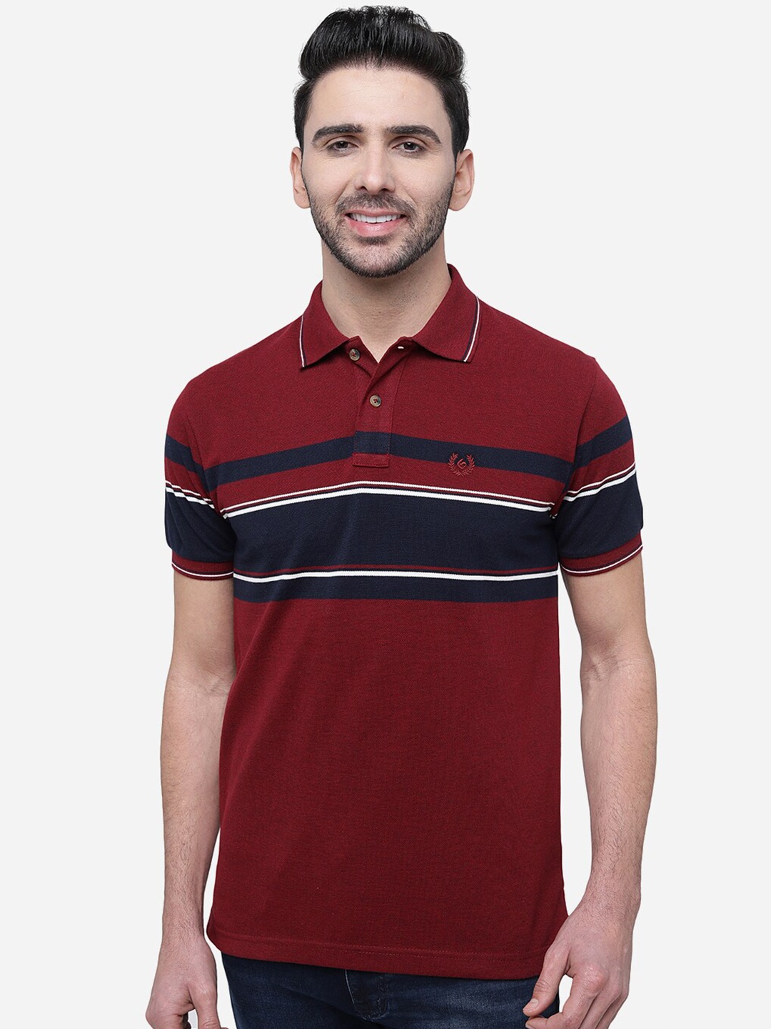 

Greenfibre Men Striped Polo Collar Cotton Slim Fit T-shirt, Maroon