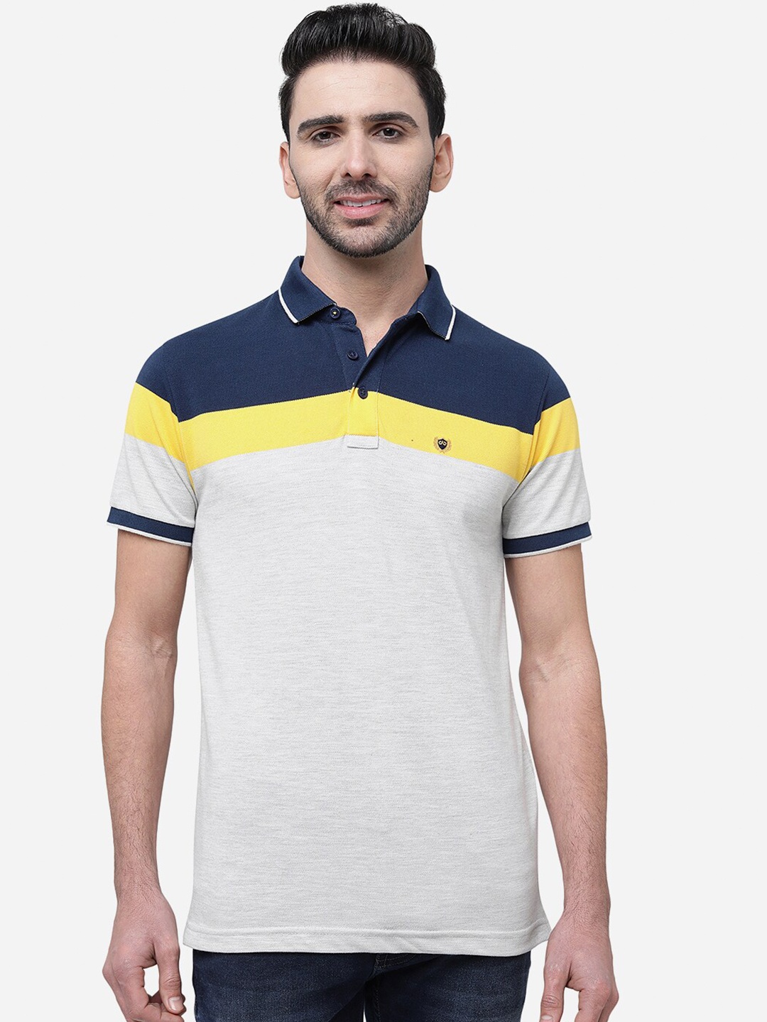 

JADE BLUE Men Colourblocked Polo Collar Slim Fit Pure Cotton T-shirt, Grey melange