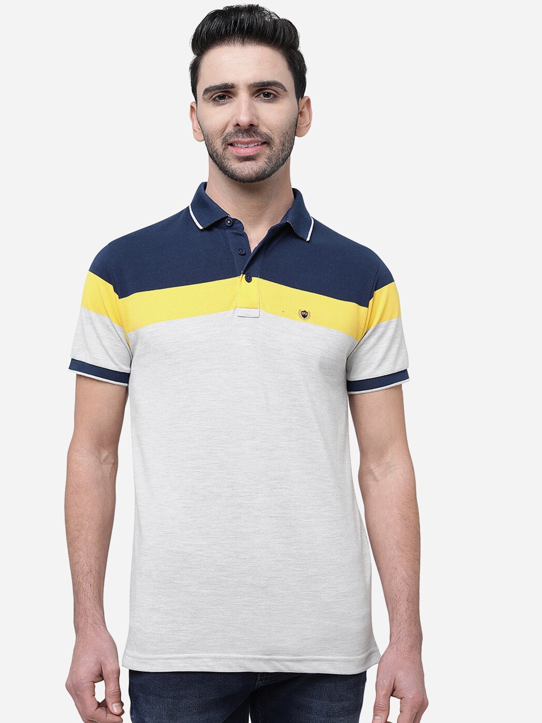 

JADE BLUE Men Colourblocked Polo Collar Slim Fit Pure Cotton T-shirt, Grey melange