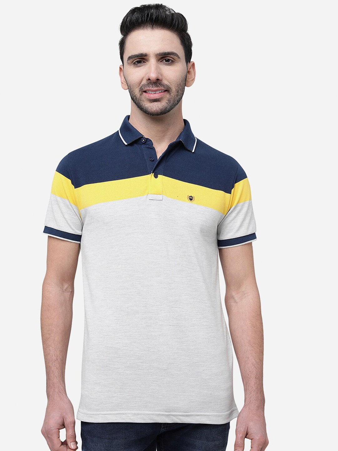 

JADE BLUE Men Colourblocked Polo Collar Slim Fit Pure Cotton T-shirt, Grey melange