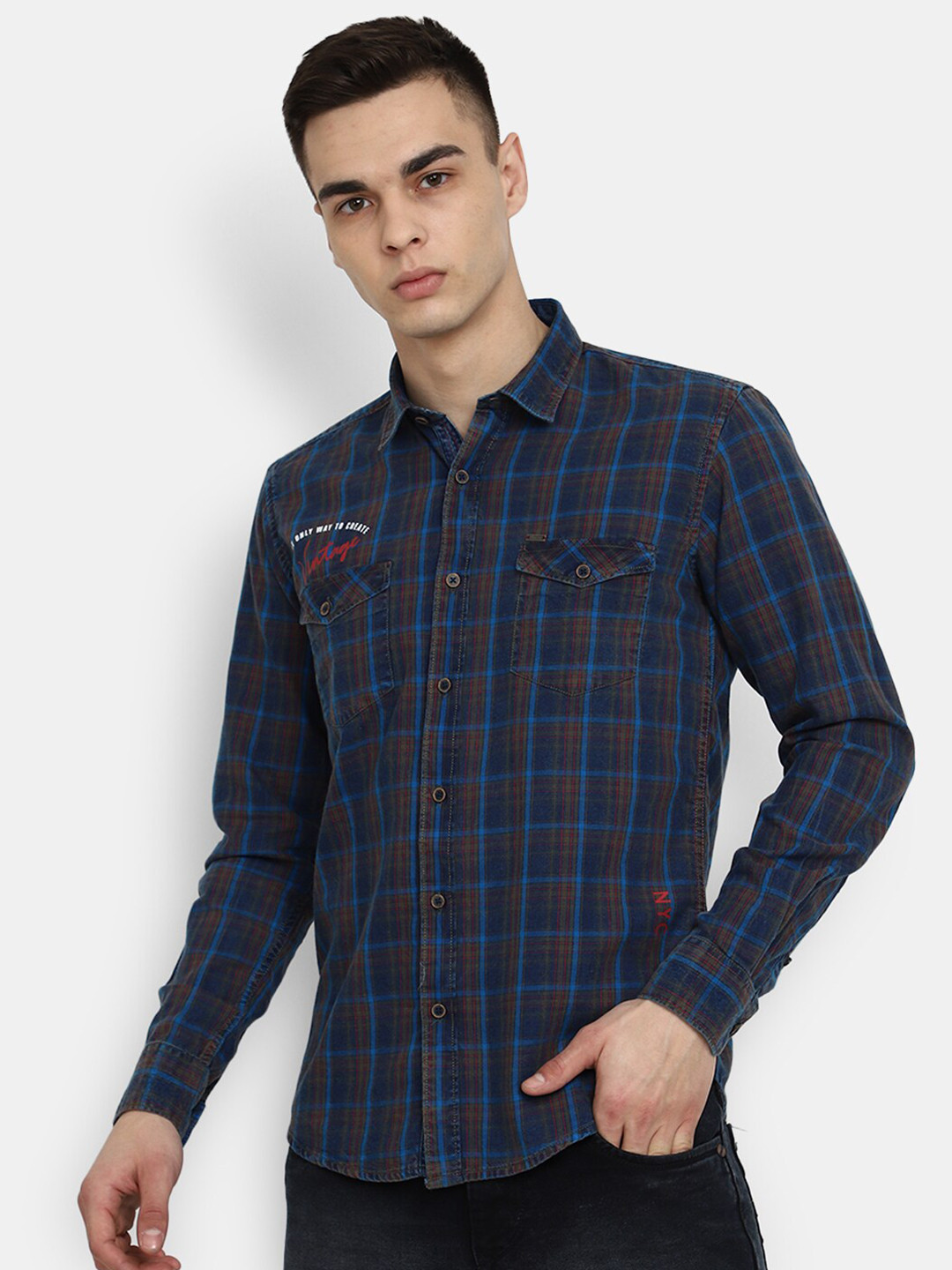 

V-Mart Classic Slim Fit Tartan Checked Casual Cotton Shirt, Navy blue