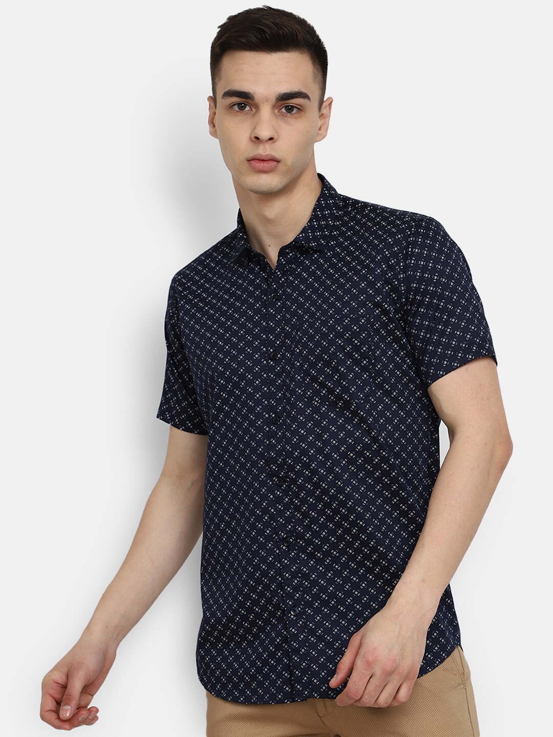 

V-Mart Micro Ditsy Printed Classic Casual Satin Shirt, Navy blue