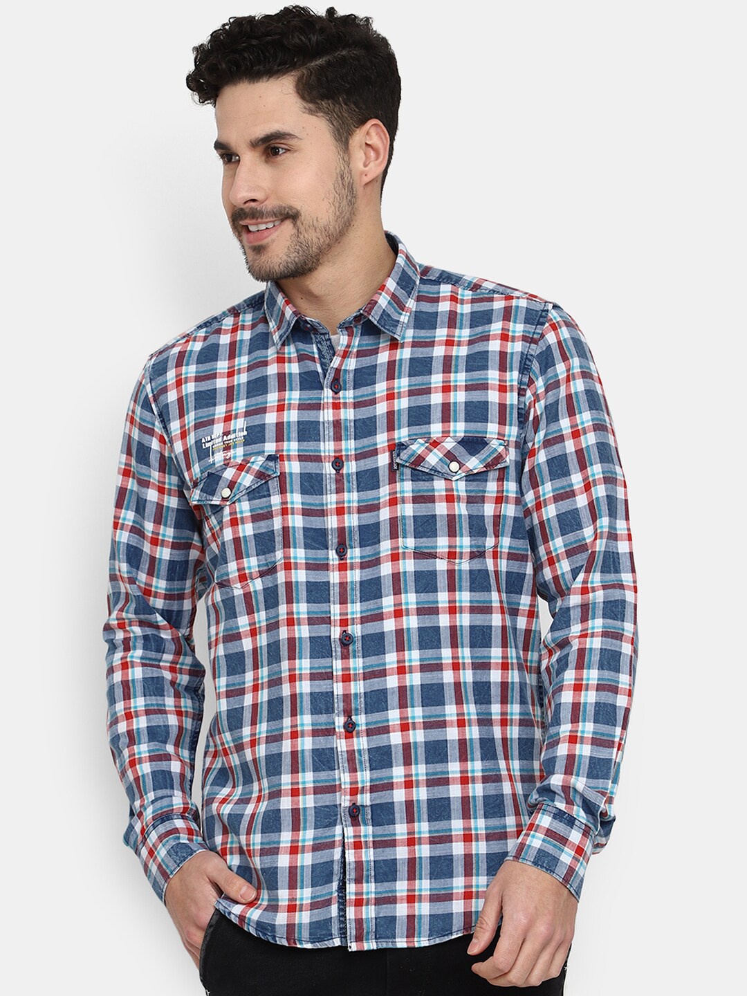 

V-Mart Checked Cotton Slim Fit Casual Shirt, Blue