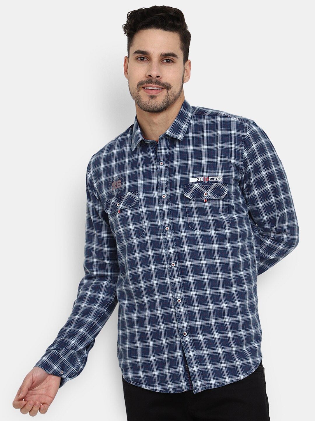 

V-Mart Windowpane Checks Cotton Slim Fit Casual Shirt, Blue